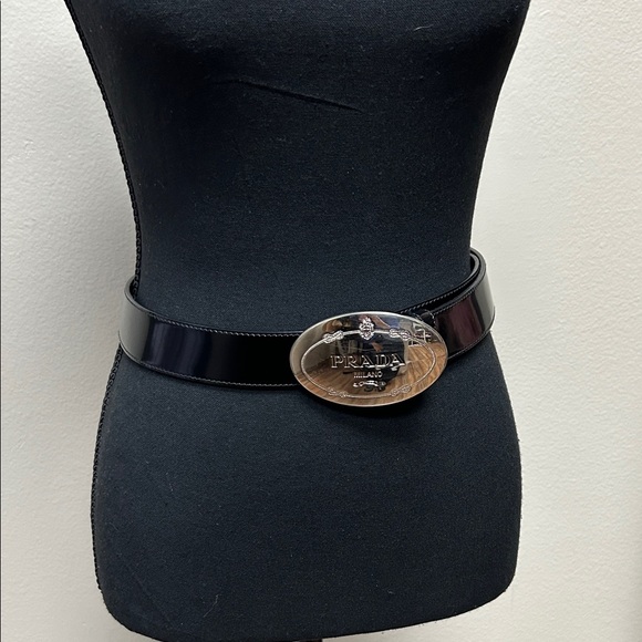 Prada Glossy Black Belt with Silver Oval Buckle - Picture 1 of 2